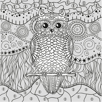 Mandala with owl. Design Zentangle. Hand drawn abstract patterns on isolation background. Design for spiritual relaxation for adults. Black and white illustration for coloring. Zen art. Decorative