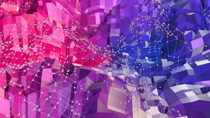 3d rendering of low poly background with 3d objects and modern gradient colors purple red blue. Creative simple geometric background of polygons with grid 2