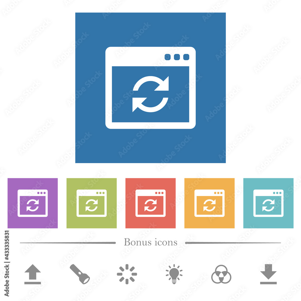 Poster application syncronize flat white icons in square backgrounds