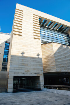 Athens, Greece - Mar 29, 2016: Main facade of the modern building of National Bank of Greece is a global banking and financial services company with its headquarters