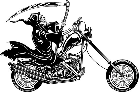 grim reaper with scythe on a motorcycle