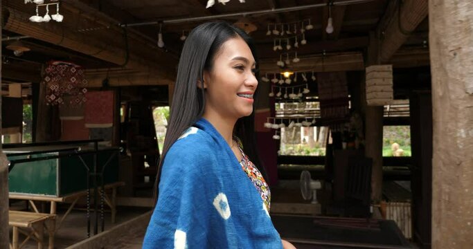 Asian Girl Smiling And Walking In Thai House Style