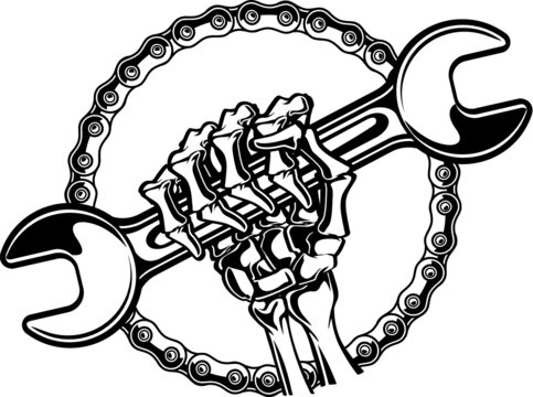human skeleton with wrench, and sprocket chain