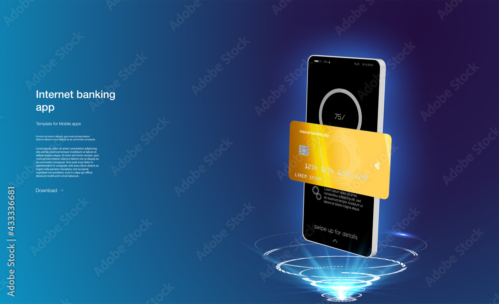 Poster internet banking app. mobile phone payment with nfc technology and high level payment security. wire