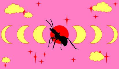 Ant in the full moon sky flat design vector illustration. Ant in a starry night with clouds. 2D cartoon japanese anime style hand drawn drawing. Aesthetic style background texture. Tattoo inspiration.