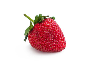 Large red strawberry, with green leaves, on a white background