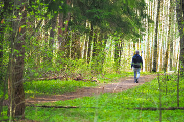 Lonely man walking in green spring forest, healthy lifestyle, race walking
