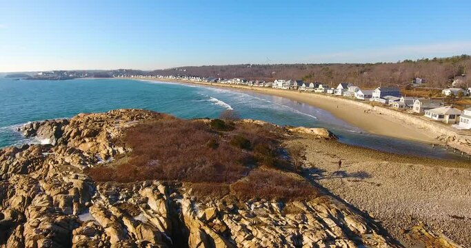 Aerial view of Long Beach and historic waterfront houses in town of Rockport, Cape Ann, Massachusetts MA, USA. 