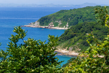 Fototapeta na wymiar Beautiful summer landscape with an island. The winding steep rocky shores of the island are covered with green bushes against the backdrop of the blue sea.