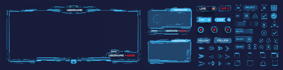 Digital frame technology UI,UX Futuristic HUD, FUI, Virtual Interface. A design template for a set of frames , buttons, and overlay cursors for game streaming. Futuristic info boxes layout templates. © ZinetroN