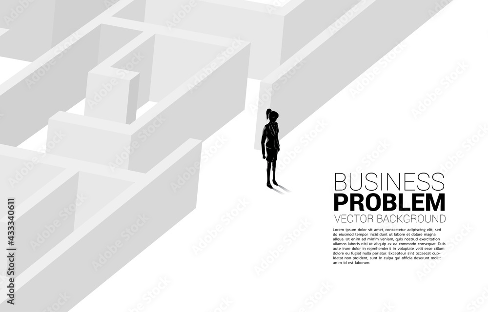 Poster Silhouette of businesswoman at exit of the maze. Business concept for problem solving and finding idea.