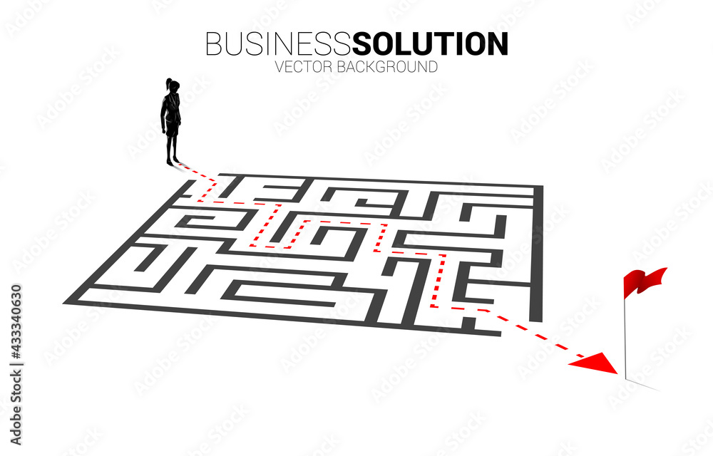 Aufkleber Silhouette of businesswoman with route path to exit the maze. Business concept for problem solving and finding idea.