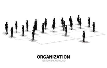 Silhouette of businessman and businesswoman standing on organization chart . Business Concept of corporate structure and team hierarchy