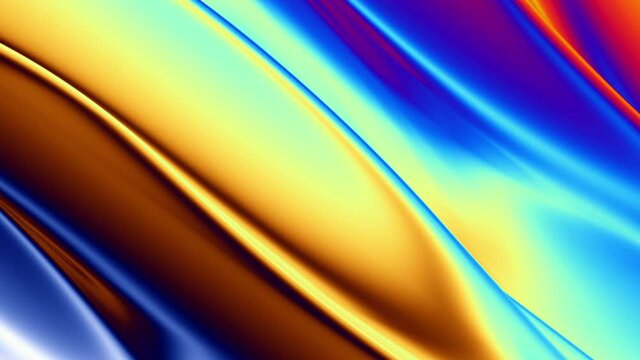 Abstract colorful wavy background in bright blue, orange, green and red color. Halographic gradient. Multicolor metallic surface. Modern colorful wallpaper. Seamless loop animation. 3d rendering.