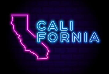 california US state glowing neon lamp sign Realistic vector illustration Blue brick wall glow