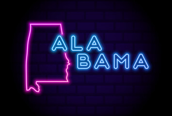 alabama US state glowing neon lamp sign Realistic vector illustration Blue brick wall glow