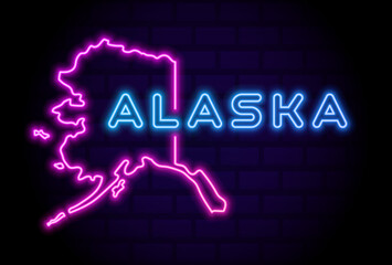 alaska US state glowing neon lamp sign Realistic vector illustration Blue brick wall glow
