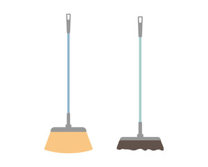 Two kinds of floor broom. Set cleaning brush, mop. Sweep the floor, road, inside and outside. Cleaning equipment. Stock vector illustration isolated on white background. Cleaning service concept.