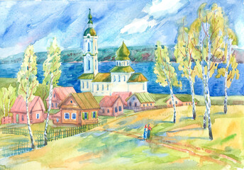 Russian rural spring landscape with a river, birches and a church painted in watercolor.