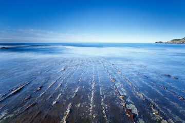 Unusual rock formations turbidites at beautiful seashore in the blue evening, Basque Country 