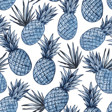 Seamless pattern with watercolor painted blue and white cute minimalistic pineapples
