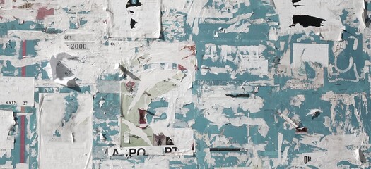 Fototapeta premium Vintage Billboard with Torn Poster, Paper, Ads, Stickers Wide Background Or Texture. Urban Creative Wallpaper for Design. Abstract Web Banner. Panoramic Backdrop and Creative Surface.