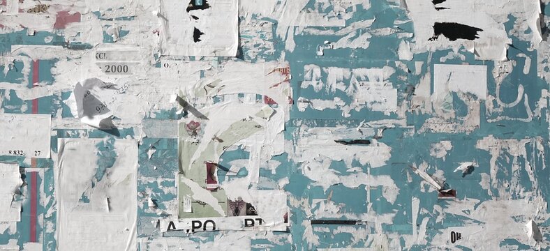 Fototapeta Vintage Billboard with Torn Poster, Paper, Ads, Stickers Wide Background Or Texture. Urban Creative Wallpaper for Design. Abstract Web Banner. Panoramic Backdrop and Creative Surface.