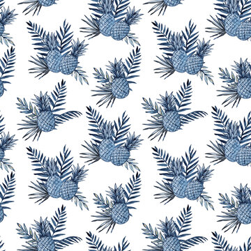 Watercolor seamless pattern with pineapples and tropical leaves.