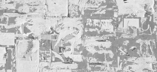 Grunge Wide Background with Old Torn Posters. Urban Graffiti Wall Texture. Grungy Ripped Wall with...