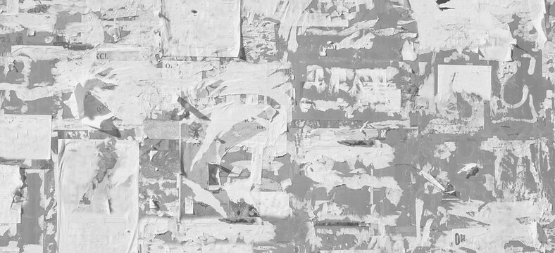 Fototapeta Grunge Wide Background with Old Torn Posters. Urban Graffiti Wall Texture. Grungy Ripped Wall with Torn Posters and Ads Background. Panoramic Urban Wallpaper. Graffiti Wall Texture.