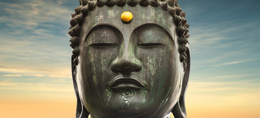 Close up on the meditative face of the Japanese Buddha Shaka Nyorai bronze statue oxidized by green...