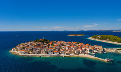 Primosten old town panorama. Aerial drone shoot in september 2020