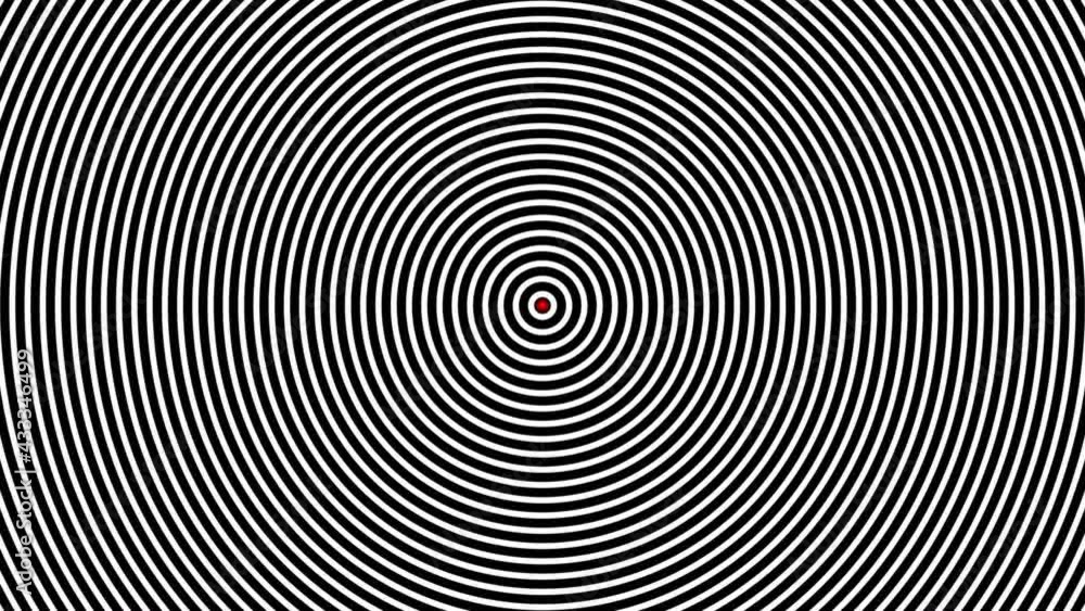 Poster red dot exploding rings of concentric black lines expansion