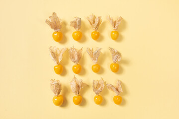 Cape Gooseberry isolated on yellow background. Clipping path.