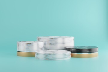 3d render of empty stand step design for product display, 3 cylinders, abstract minimal concept, blank space, simple clean design, luxury minimalist mockup