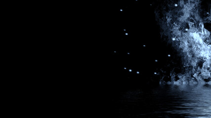Obraz premium Blue fire on isolated background. Perfect explosion effect for decoration and covering on black background. Concept burn flame and light texture overlays. Reflection in water.