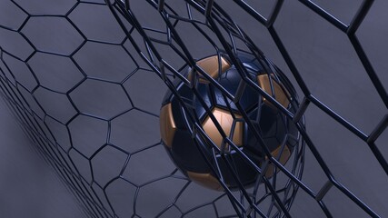 Dark Blue-Gold Soccer Ball in the Goal Net under black background with dark toned foggy smoke. 3D illustration. 3D CG. 3D Rendering. High resolution.
