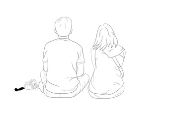 graphics drawing outline couple boy and girl sit on white background