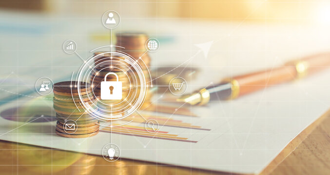 Money income financial wealth care maintain investment banking accounting economics graphs and charts on data money security exchange services, stack coins icon concept increasing rate.