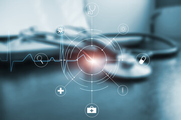 Stethoscope computer laptop technology, medical healthcare services checkup diagnosing medication doctor research illness sickness disease, graphic icon concept blue background in work office.