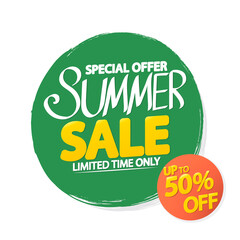 Summer Sale up to 50% off, poster design template, season best offer, discount banner, vector illustration