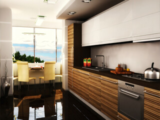 3d illustration of a modern kitchen in an apartment. Kitchen with dark cabinets below and light cabinets at the top. Dining area in the kitchen