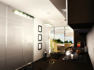 3d illustration of a modern kitchen in an apartment. Kitchen with dark cabinets below and light cabinets at the top. Dining area in the kitchen