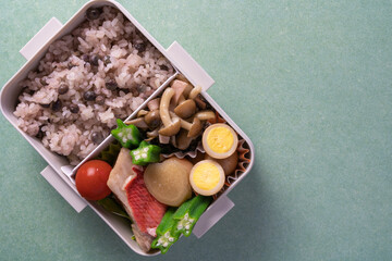 日本のお弁当箱に詰められたご飯といろいろな料理（グリーン）