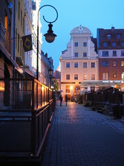 Recently built old style buildings in New Old Town of Szczecin at dusk (Szczecin Poland)