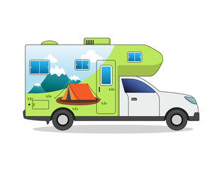 Camping car vector illustration of tent, landscape image.