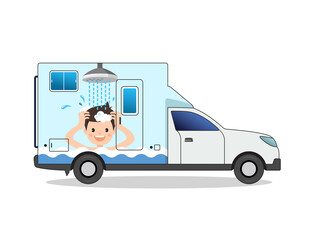 Shower person drawn portable bath car vector illustration