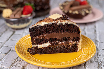 Dessert - Chocolate cake with chocolate filling and white chocolate