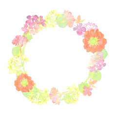 水彩で描いたカラフルな花のリース
