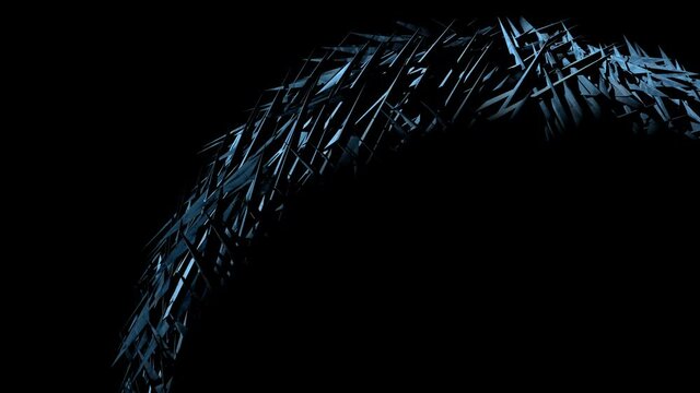 Abstract background..3d rendering animation..Saber blue sharp photorealistic geometric shapes in rotation..Metal or crystal structure on a black background..Futuristic concept..Space for copy text.